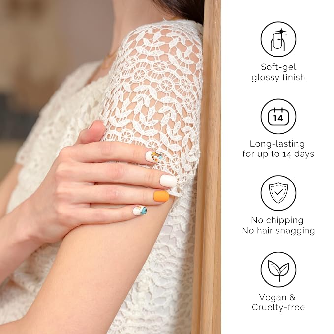 NAILOG Semi Cured Gel Nail Strips, 34 pcs Salon-Quality Gel Nail Stickers, Long Lasting Nail Wraps for Women with Soft Gel Finish | Butterflies