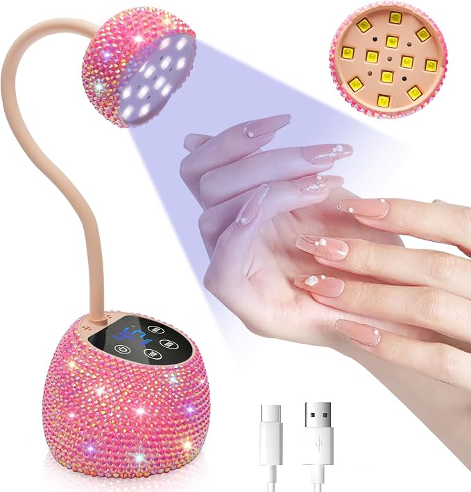 CGBE UV LED Nail Lamp, 36W Mini Cordless Flash Cure Nail Lamp for Gel Nails | USB Rechargeable Nail Light with 4 Timers & Auto Sensor, Gooseneck Portable Gel X Lamp for Salon Home DIY Use, Pink Diamond