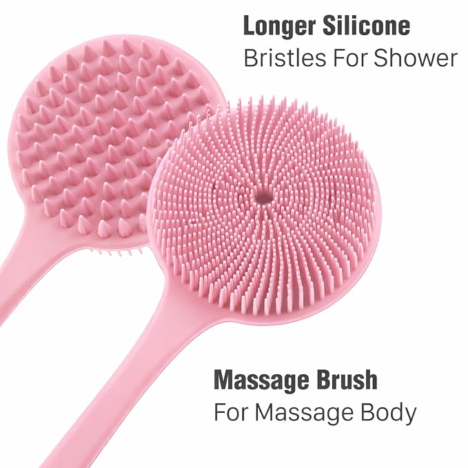 Silicone Body Scrubber for Shower Men Women – Dual-Sided Exfoliating & Massage Shower Brush with Long Handle, Creates Rich Lather, Includes 1 Hook & 2 Lather Balls (Pink).