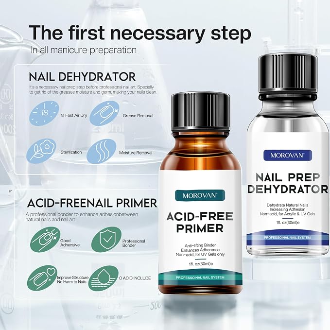 Morovan Nail Primer And Natural Nail Prep Dehydrate Set, Fast Air Dry For Gel Polish & Acrylic Powder, Gel Primer and Dehydrator 30ml / 1oz