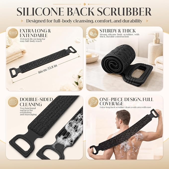Manmihealth Silicone Back Scrubber for Shower & African Bath Sponge Set | Upgrade 33.8'' Long Silicone Back Brush & Exfoliating Net Sponge Combination, Dual-Sided Use Shower Loofah(Black+Black)