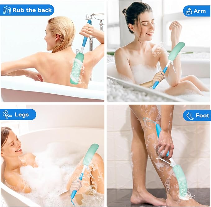 Back Scrubber for Shower,15.35"Curved Body Brush with Anti Slip Long Handle | Long Back Scrubber for Men & Women, Skin Exfoliating Curved Back Scrub Brush, Removable Long Handle Mesh Sponge Back Washer
