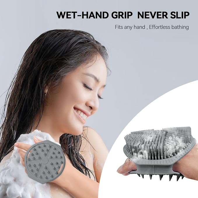 Silicone Body Scrubber, Dual-Sided Silicone Loofah for Shower, Exfoliating Body Brush Scrubber for Men and Women for All Skin, Scalp Scrubber Lather Well＆Easy to Clean (Gray)