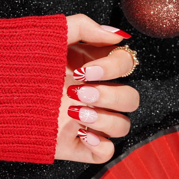Christmas Semi Cured Gel Nail Strips - 20Pcs Xmas Hat UV Gel Nail Wraps with Snowflake & Bow Design, Long Lasting Salon-Quality Stickers, Includes Nails File & Wooden Stick - UV/LED Lamp Required