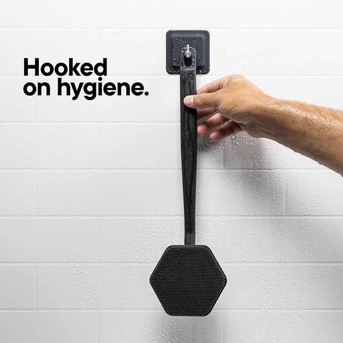 TOOLETRIES Silicone Back Scrubber for Shower with Hook - Charcoal | Long ergonomic bath brush with a non-slip grip for exfoliating and reaching hard-to-reach areas comfortably.