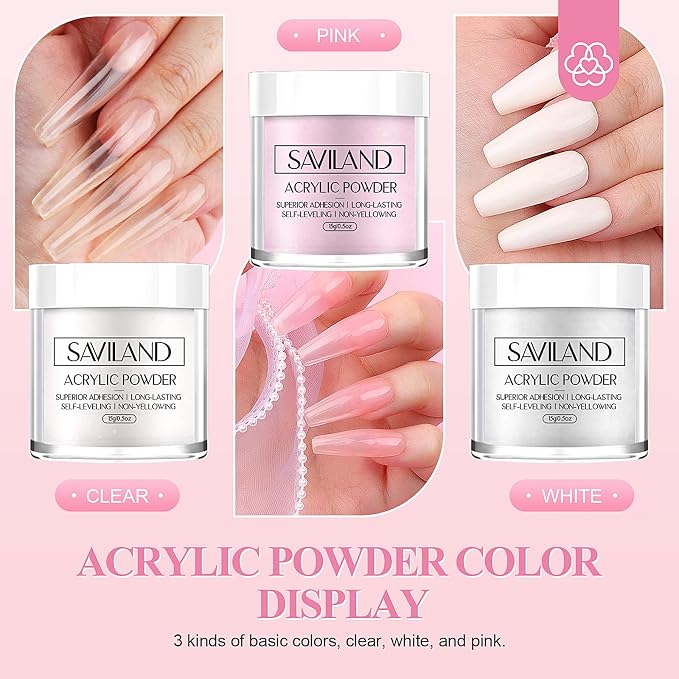 SAVILAND Acrylic Nail Kit for Beginners with Everything, White Pink Clear | Acrylic Powder and Liquid Set, Size 8 10 14 Kolinsky Brushes, Forms & Manicure Tools, Starter Gift, Home DIY and Salon Use