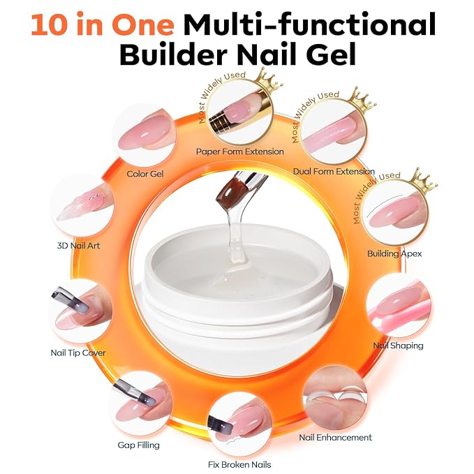 modelones Builder Nail Gel, 3 Colors Builder Hard Gel Nude Pink Clear for Overlays, Apex Building & Extensions, Sculpting Nail Kit with Dual-Ended Brush, Nail Forms, U V/LED Lamp Cured DIY Salon | Overlays, Apex Building & Extensions, Sculpting Nail Ki...