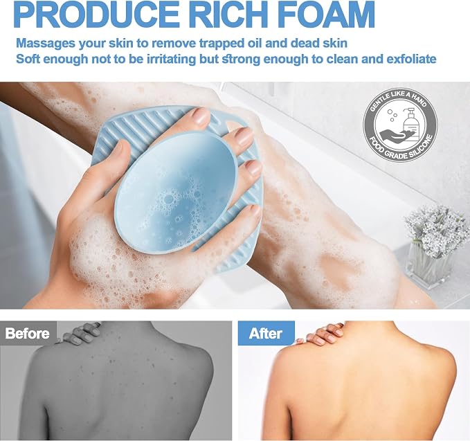 Silicone Body Scrubber, Bath Brush,Gentle Texture Exfoliating Body Scrubber for Men and Women On Sensitive Skin, Soft Scrubber Builds Up Lather, Deep Skin Clean (Blue)