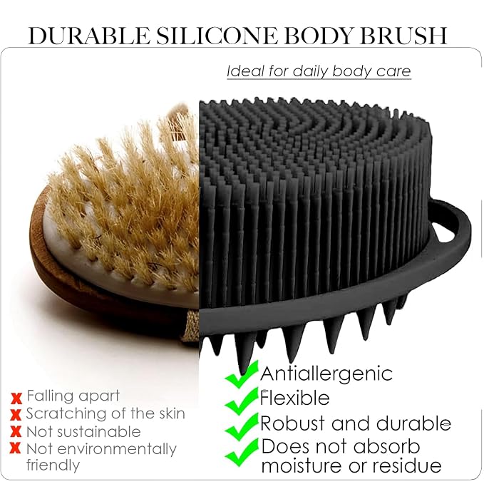 RamPula Silicone Body Scrubber, Silicone Loofah, Bath Cleaning Scrubber, Shower Sponge Glove, Exfoliating Body Brush for Wet or Dry Brushing, More Hygienic Than Traditional Loofah (Black and Grey)