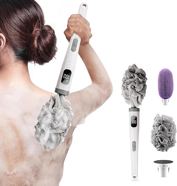 Electric Body Brush Back Scrubber for Shower, Electric Body Brush with Long Handle, Waterproof Rechargeable Bath Brush Body Scrubber with 3 Brush Heads for Cleansing and Exfoliating Skin (Milky White