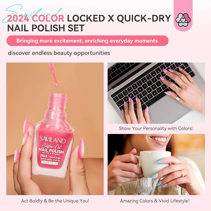 SAVILAND 6Pcs Ombre Nail Polish Set Charm Pink Blue Gold Purple | Quick Dry Pearl Summer Fingernail Polish Colors, Plant-based Castor Oil, Natural Nail Lacquer, Women Gift Home Manicure DIY