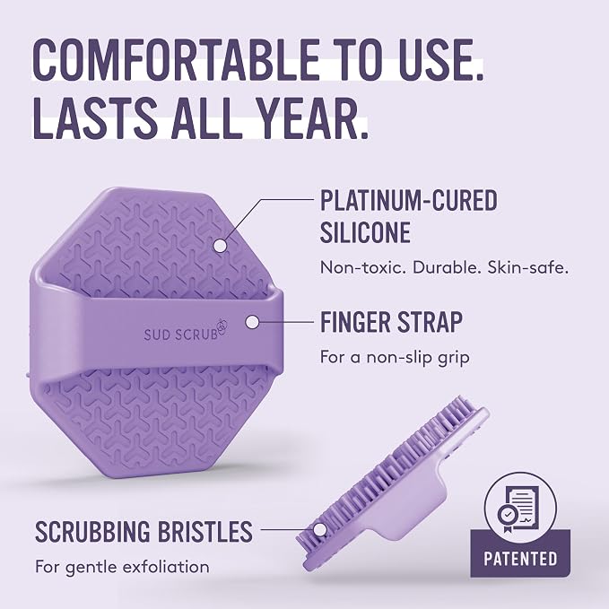 Sud Scrub® Antimicrobial Silicone Face Scrubber, 1 Pack, Gentle Face Exfoliator for Sensitive Skin, Eco Friendly Facial Cleansing Brush, Exfoliating Face Brush for Men and Women (Purple)