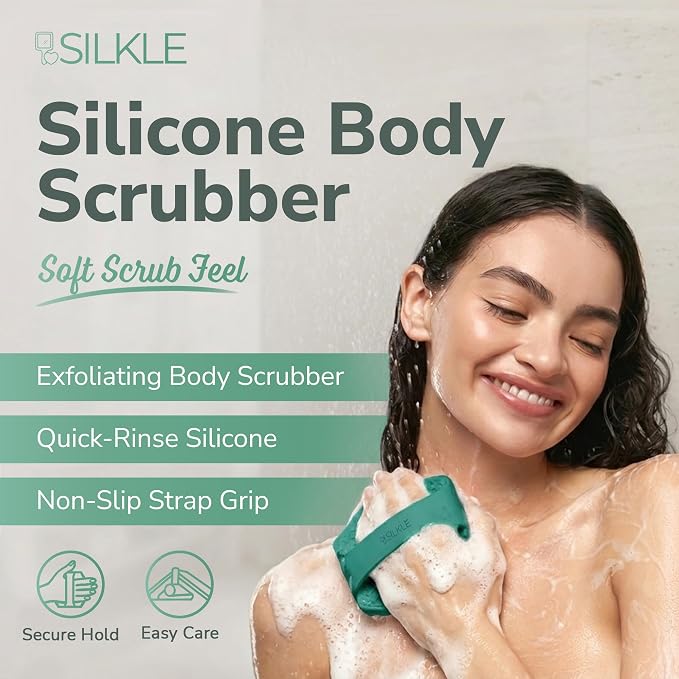 SILKLE Silicone Body Scrubber Exfoliator, Shower Scrubber & Silicone Loofah | Exfoliating Body Scrubber, Non-Slip Grip - Silicone Bath Brush & Shower Brush for Body, Quick-Rinse One-Piece Design - Green