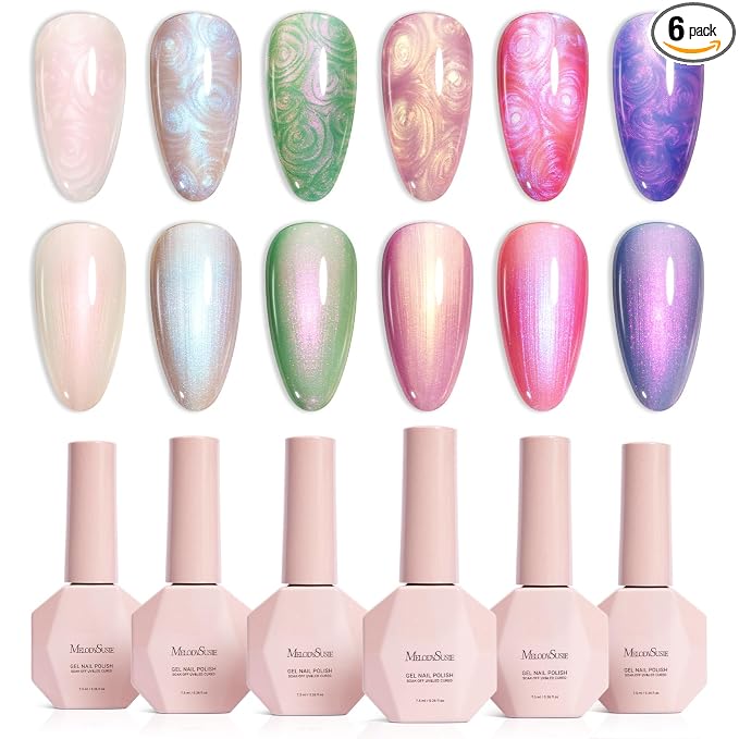 MelodySusie Pearl Gel Nail Polish Set, 6 Colors Aurora Shimmer White Green Pink Purple Blue Iridescent Mermaid Drawing Glitter Gel Polish Soak Off Swirl Shell Thread Effect Nail Art Gifts for Women