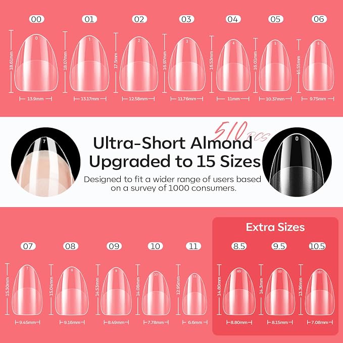 modelones X Nail Gel Kit Almond,15Sizes Fake Nails 510Pcs, 9-in-One Glue Prep Dehydrator & Portable Mini U V Light Acrylic Clipper, Extra Short Almond Press on Tips Extension Kit