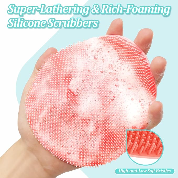 Silicone Back Body Face Scrubbers Set 4PCS, 15.35’’ Back Scrubber Soft Body Scrubber for Dual-Side Usage, Easy-to-Hold Soft Bath Glove & Face Scrubber for Good Foaming Deep Cleaning(Pink)