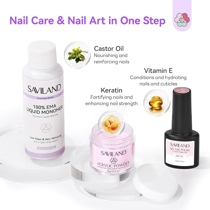 SAVILAND All-In-1 Acrylic Nail Kit with Drill & Nail Lamp Women Gift Set | All-in-1 beginners set, practice fingers, cuticle oil, cuticle remover,durable wearing, prevents chipping, home salon use