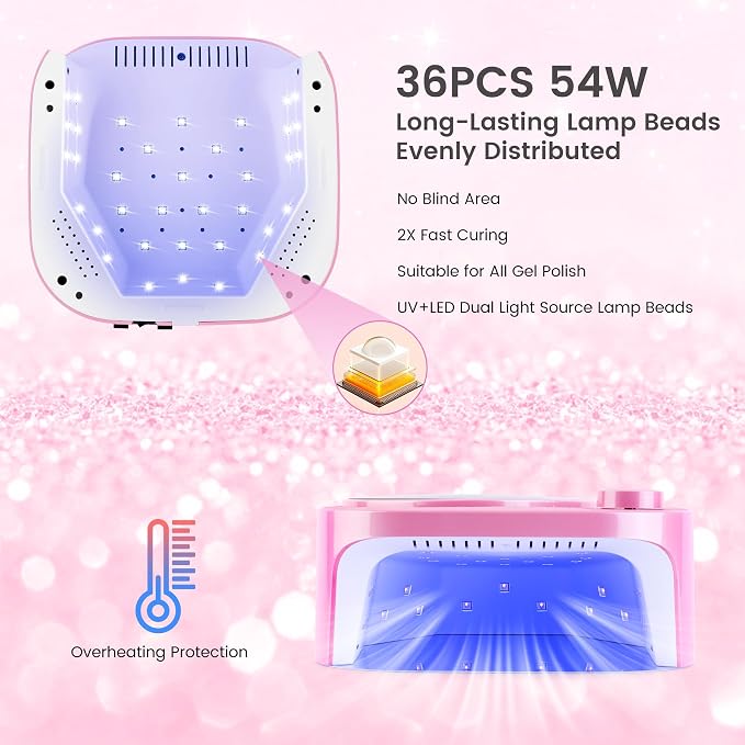 Lavinda 54W Cordless Pink Glitter Nail Lamp for Gel Nails | 2-hour charge, 4–6 hr runtime, acetone-resistant shell, vented cooling, full-hand and pedicure space, beauty content setups