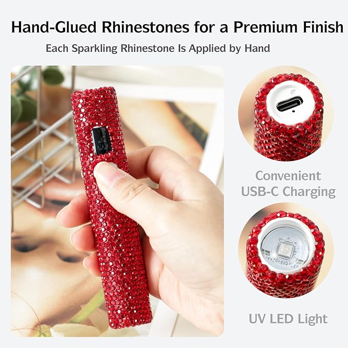 Handheld UV Nail Lamp with Sparkly Rhinestones Red | 3W Portable LED Nail Lamp, Wireless Rechargeable USB Nail Dryer with Silicone Stamper, LCD Display, for Home DIY Manicures