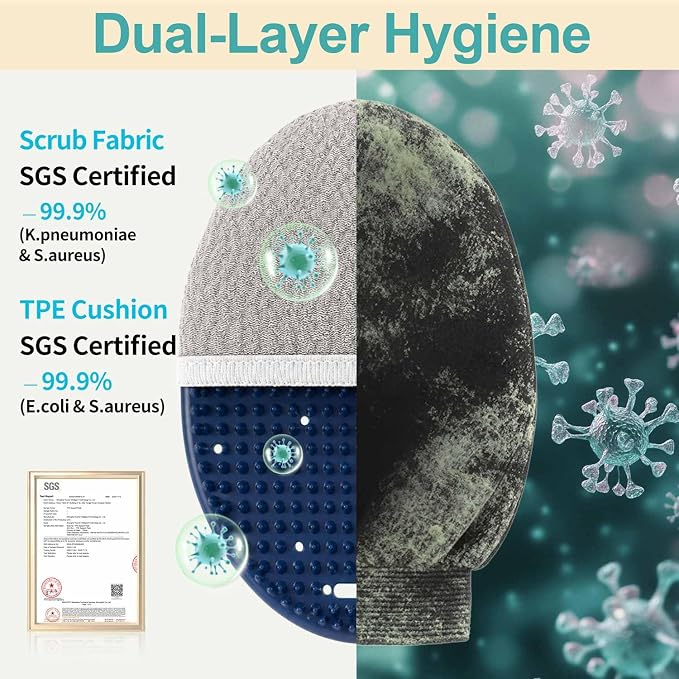 Shower Body Scrubber-Upgraded Bath Glove, Exfoliating Dead Skin | Upgraded glove: pebble base, non-slip grip for stability. 450D & soft TPE cushion gentle deep exfoliation. No pruney fingers.