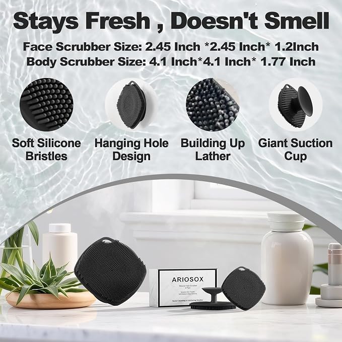 2 Pack Face Scrubbers, Silicone Body Scrubber Soft Bristles, Gentle Lather, Exfoliating & Deep Cleaning for Sensitive Skin, Giant Suction Cup Stick Securely (Body + Face Scrubber Black)