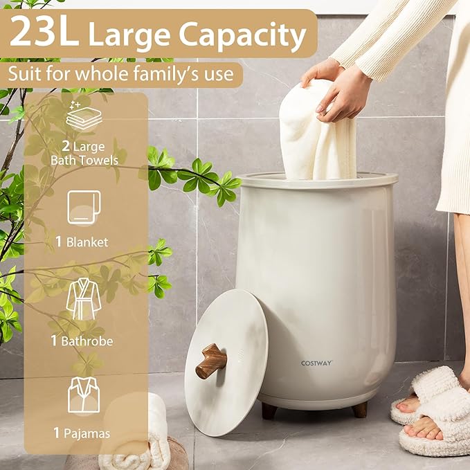 COSTWAY Bucket Style Towel Warmer, 23L Towel Warmer with 4 Heating Time & 3 Heating Temperature, Overheat Protection System, Fragrant Disc Holder, Towel Warmer for Bathroom, Hot Tub, Spa (Light Grey)