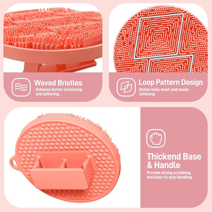 Silicone Face & Body Scrubber Set, Exfoliating Body Scrubber Face Scrubber with Dense Bristles & Non-Slip Handle, Gentle Silicone Loofah Face Brush for Good Lathering and Deep Cleansing(Pink)