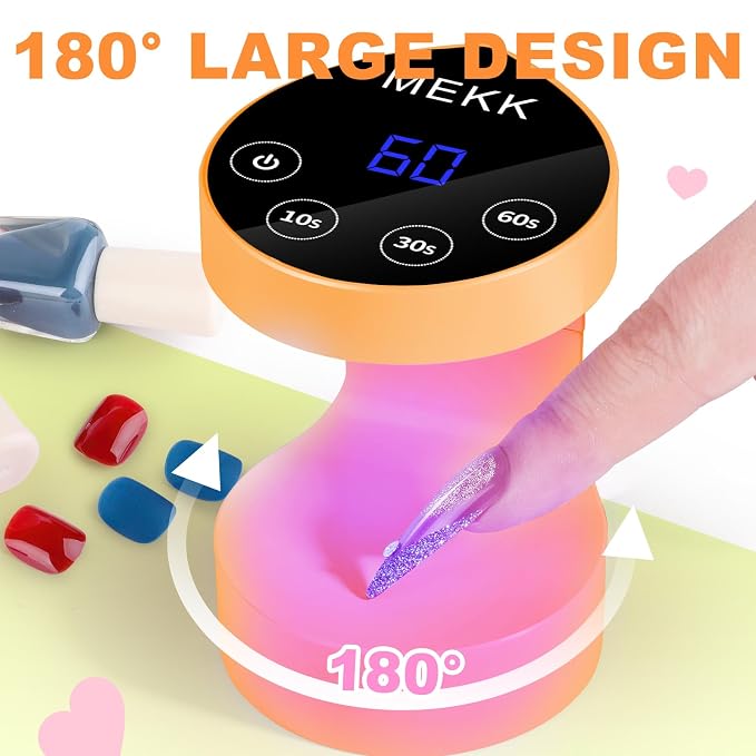 MEKK Mini Flash Cure Nail Lamp, Small UV Light for Gel Nails | Auto Senser,8 LED Beads, 4 Timer Settings, Peach-Shaped, Compact for Travel/Home Use, Fits Single Finger Gel Nails-Orange