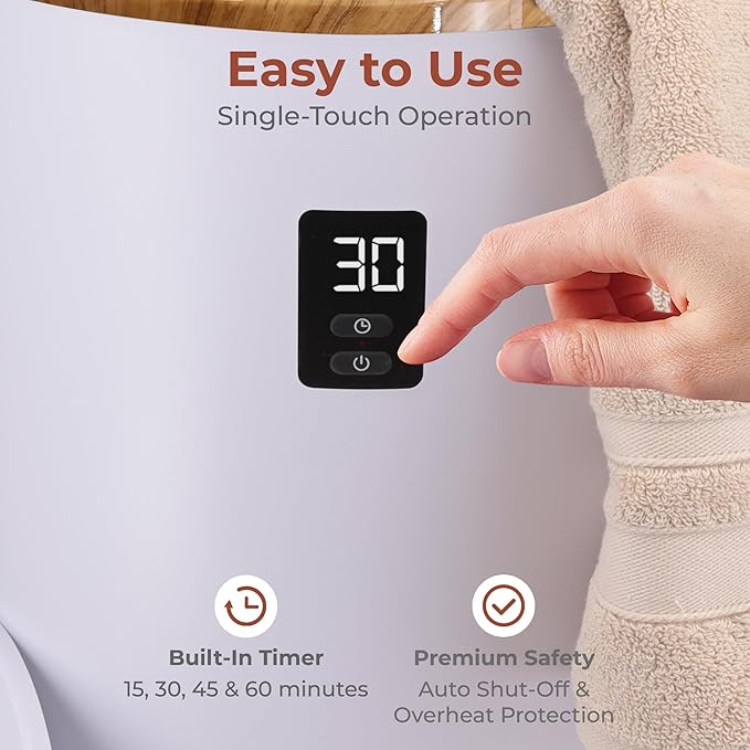 SereneLife Towel and Blanket Warmer - Single Touch Portable Towel Heater for Bathroom, Fragrant Disc Holder, LED Ring, 2 Large Towel Capacity, Built-in Timer (15-60 mins), Auto Shut-Off (White)