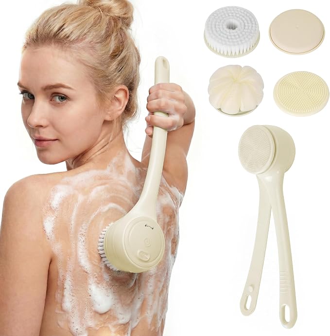 Electric Back Scrubber, Automatic Rotating Exfoliating Massage Bath Brush, Rechargeable, 2 Speed Settings for Cleansing, Exfoliating, and Massaging Skin. (Khaki)