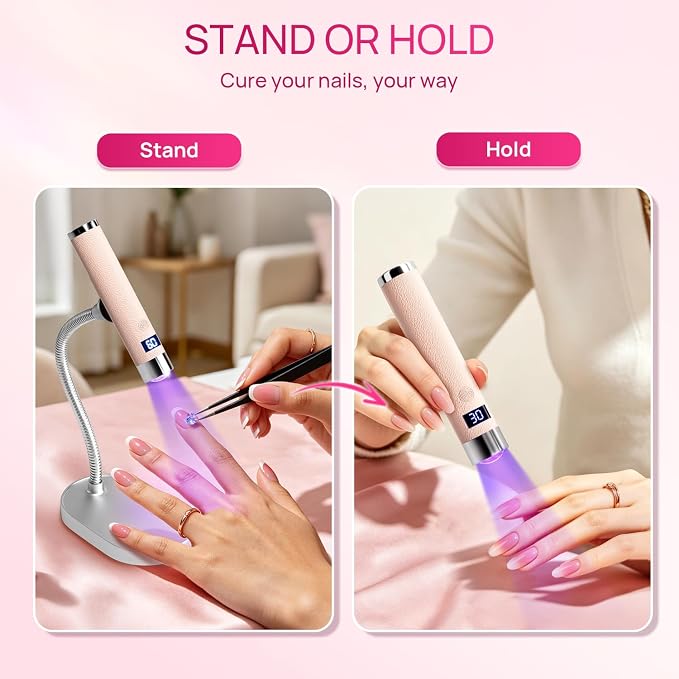 Krofaue Handheld UV Lamp with Auto-Sensor, Rechargeable Nail Dryer | Magnetic head, 360° gooseneck, 30s/60s timers, LCD display, 800mAh battery, 60min cordless use, for salon home travel