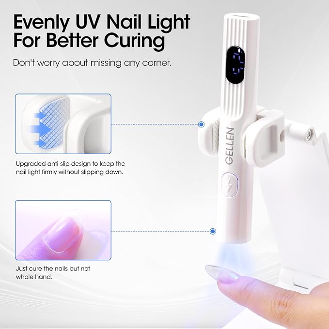 Gellen UV Light for Gel Nails, Mini Cordless UV Nail Lamp with Stand | Rechargeable Mini UV Lamp with Lcd, 30s/60s/99s Timers & 180° Stand for Handheld or Hands-Free Gel Curing