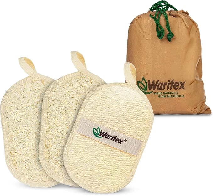 Waritex Organic Egyptian Loofah Oval Exfoliating Body Scrubbers [3 Pack] | Natural Loofah Shower Pads with Hand Strap for Gentle Skin Exfoliation, Smooth & Refreshing Skin, Face & Body Spa Experience