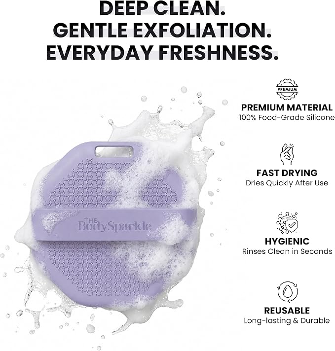 Silicone Body Scrubber for Shower & Bath – Food-Grade Silicone Body Brush with Ergonomic Handle for Cleansing & Gentle Exfoliation – Reusable Body Scrubber for Smooth Skin (Purple)