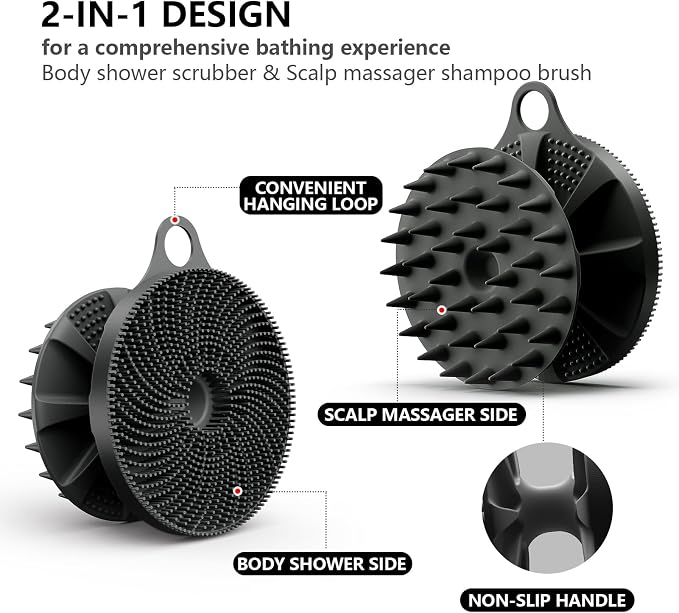 2 in 1 Shower Brush, BEAUTAIL Silicone Body Scrubber & Scalp Massager | Dual-Sided Bath Brush for Deep Cleansing & Dandruff Removal, Gentle Exfoliator for Sensitive Skin, Women, Men & Kids (Black)
