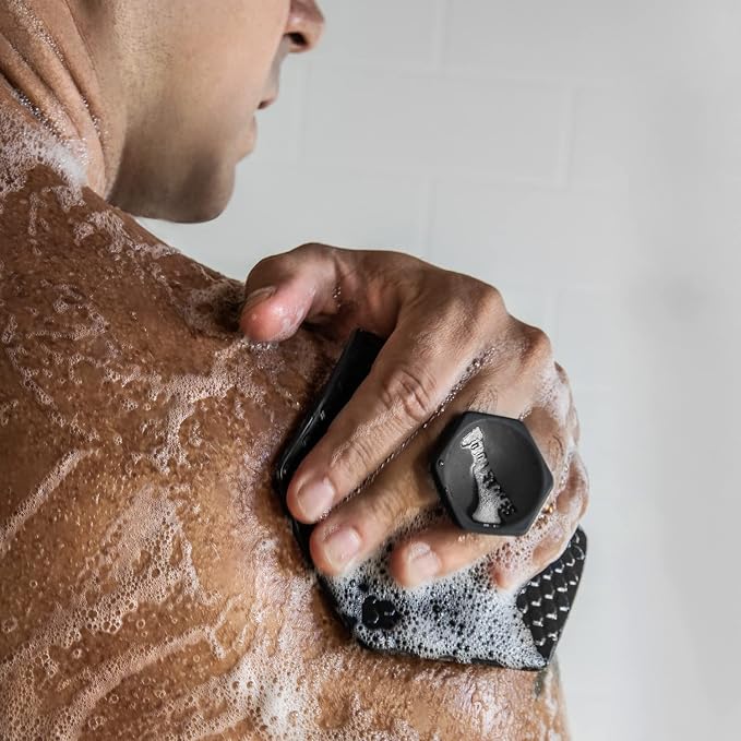 TOOLETRIES Silicone Body Scrubber, Shower Scrubber with Hook - Charcoal | Exfoliating shower scrubber for sensitive skin that dries quickly and stays hygienic for everyday use.
