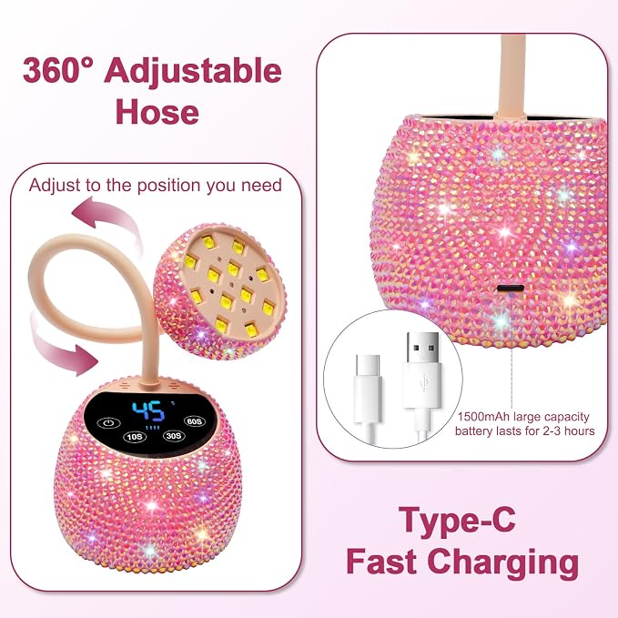 CGBE UV LED Nail Lamp, 36W Mini Cordless Flash Cure Nail Lamp for Gel Nails | USB Rechargeable Nail Light with 4 Timers & Auto Sensor, Gooseneck Portable Gel X Lamp for Salon Home DIY Use, Pink Diamond