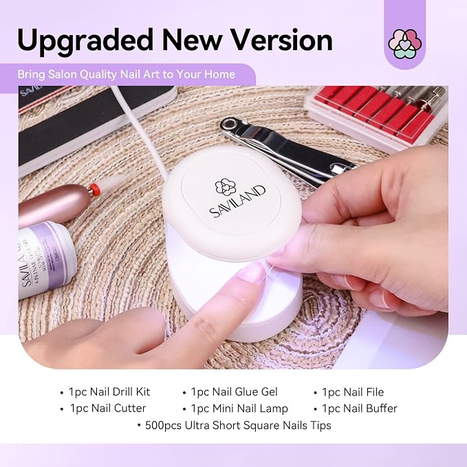 SAVILAND Gel Nail X Kit Short Square - Nail Drill Kit 500 PCS Natural False Nail Tips For Press On U V Nail Glue with Lamp Manicure Tools for Nail Extension Nail Art For Women At Home Nail Kit DIY | 500 extra short square soft gel tips, 4-in-1 glue gel...
