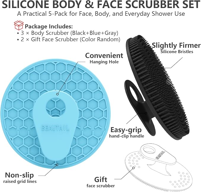Silicone Body & Face Scrubber Set 5 Pack, BEAUTAIL Gentle Shower Scrubber | Hygienic Silicone Loofah, Easy-Grip Handle, Soft Exfoliating Bath Brush for Sensitive Skin, Women & Men (Black+Blue+Gray)