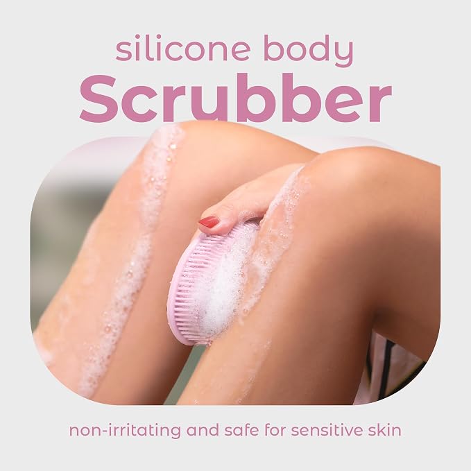 MainBasics Silicone Body Scrubber Dual-Sided, Pink, Exfoliate | Shower Exfoliator for Men & Women, Gentle Silicone Loofah Alternative for Deep Clean