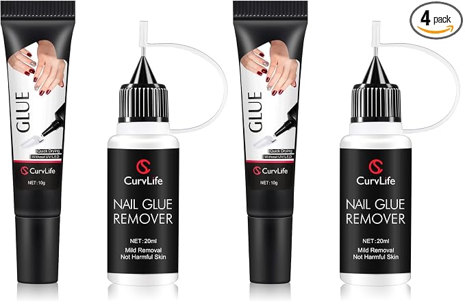 Curvlife 10g Semi-Solid Glue and 20ml Pinpoint Glue Remover Kit - Gel for Press on Nails, Quick Dry No UV Lamp Needed with Gentle Non-Acetone Remover, Fake Nail Tips (Pack of 2)