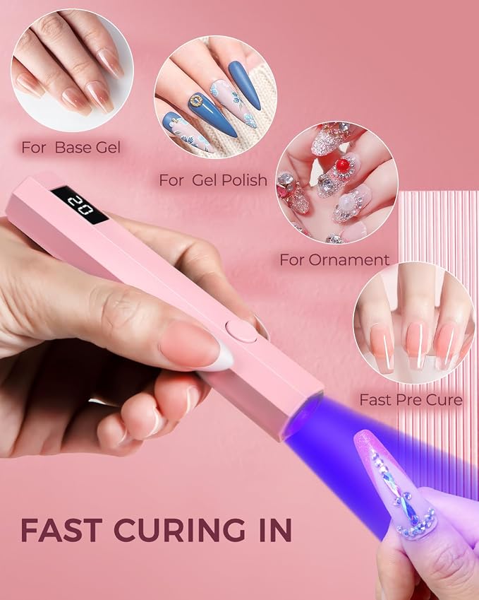 mlogiroa UV Nail Light Handheld UV Light for Nails | 3W Portable Led Lamp with 2 Timer Settings 20/60s for Gel Polish Home DIY Salon Women Pink