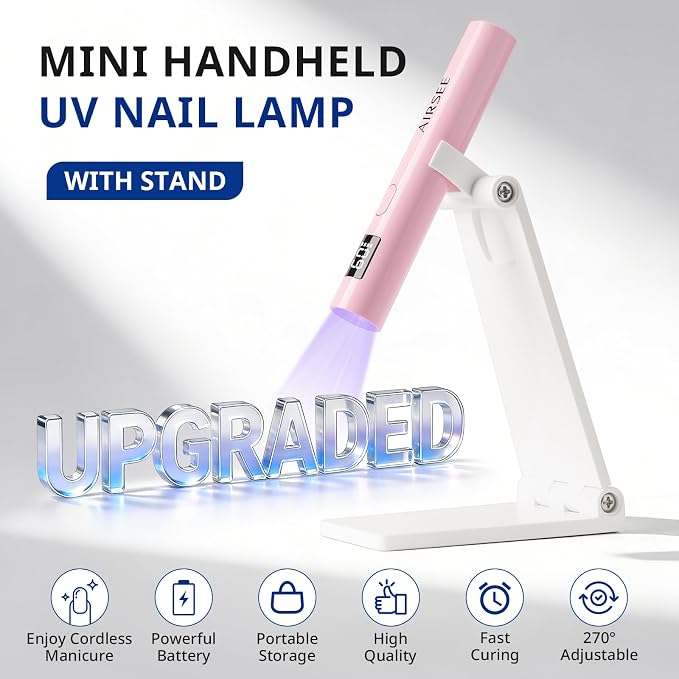 AIRSEE Mini Handheld UV Light with Storage Bag & Display,Pink-with Stand | Cordless Nail Lamps,2 Timers for Fast Cure All Soft Gels, Especially Rhinestone Glue and Gel Nail Strips at Home,Travel