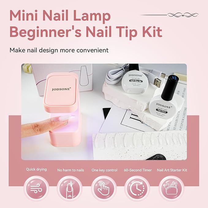 JODSONE Gel Nail Kit Long Almond Nail Tips 480PCS Mini Rechargeable Nail Lamp Pre Shaped Clear Full Cover Fake Nails Tips with Nail Glue & Top Coat U V LED Curing Lamp DIY Manicure Gifts for Women