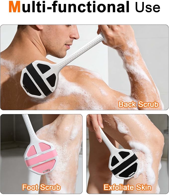 Back Scrubber for Shower, 2 Pack Long-Handled Silicone Shower Brush for Man, Body Brush with Stiff and Soft Bristles for Body Exfoliation and Massage, (Black+Pink)