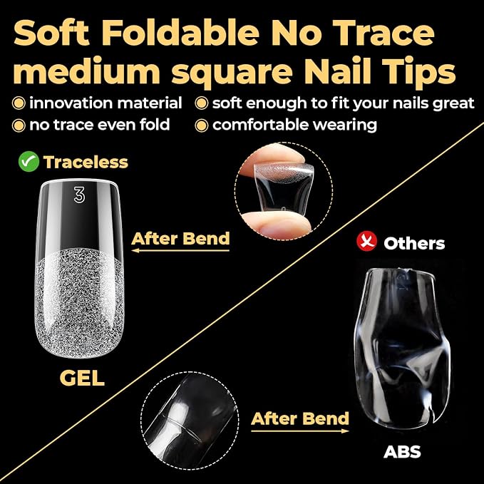 UNA GELLA 600pcs Medium Square Nail Tips, Pre Etched Nail Tips Square | Press on Nails Soft Gel Clear Fake Nails Full Cover For Nail Extension Home DIY Nail Salon 12 Sizes