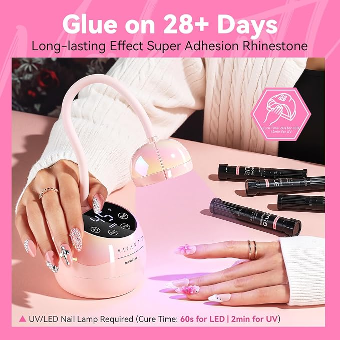 Makartt Nail Rhinestone Glue: Precision Tip and Brush for Tiny Gems 4 x 8ml | Low Viscosity, UV/LED Cured, Gap Filling, Small Charms, Glitter, Pearls and Sequins, 3D Sculpting, DIY and Salon Use