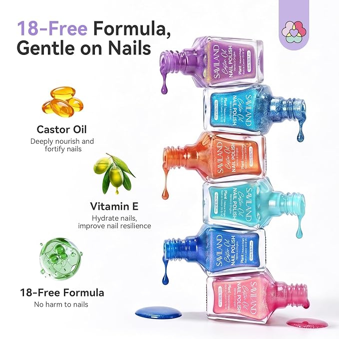SAVILAND 18-Free Pearl Nail Polish Set, 6 Colors, Quick Dry 60s | Iridescent Blue Pink Orange Purple Glitter, Chip Resistant, Holographic Fingernail Toes Polish, For Women Home DIY 0.34 Fl.oz