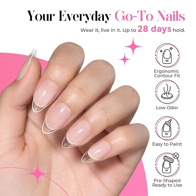UNA GELLA Short Almond Gel Nail Tips Kit Strong, No U V Lamp Needed Nail Tips and Glue Kit, 216Pcs Pre-etched Soft Gel Fake Nails with Air Dry Nail Glue for Press On Nails & Beginners DIY Gift