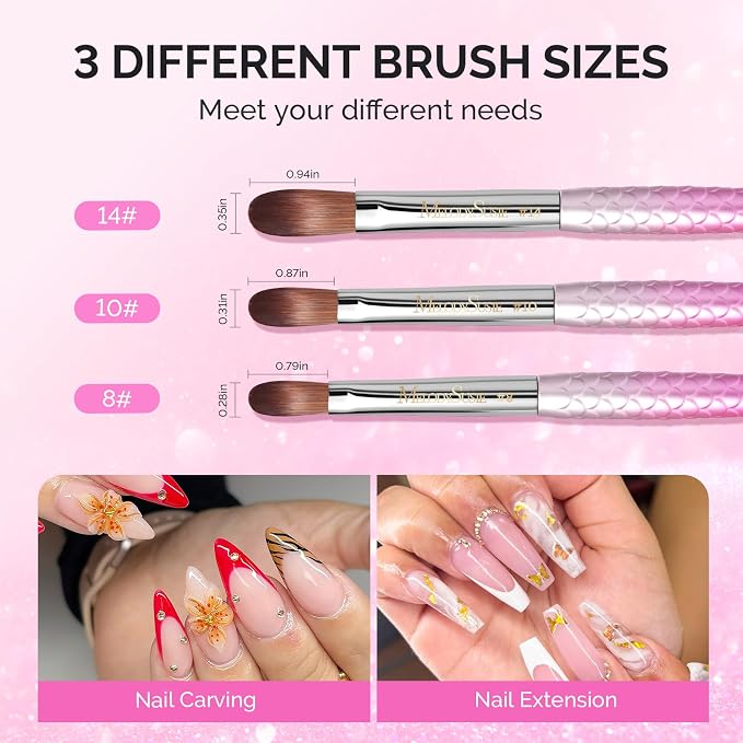 MelodySusie 3Pcs Acrylic Nail Brush Set, Size 8/10/14 with Brush Holder, Nail Art Brushes for Acrylic Application Powder Nail Extension and 3D Carving, Nail Art Tools for DIY Home Salon, Pink-Silver